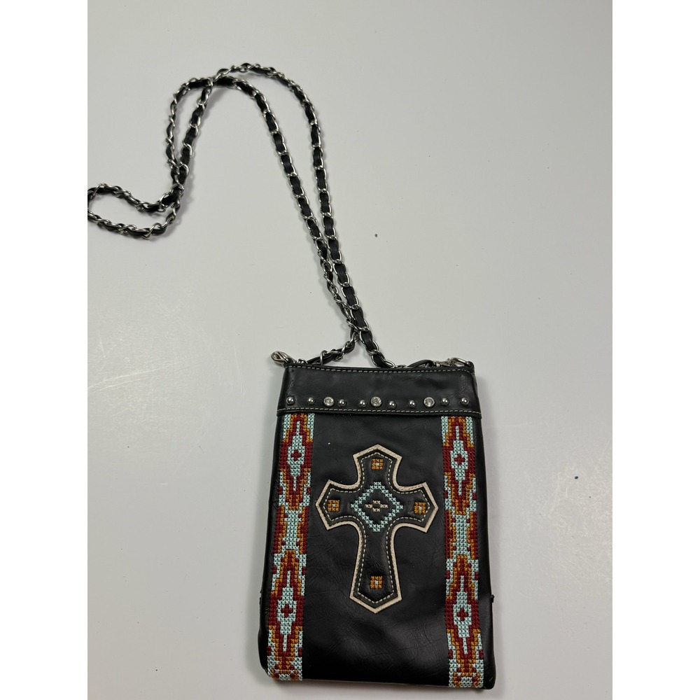 Rustic Cross-stitch Crossbody Phone Black Faux Leather Western Cross Boho